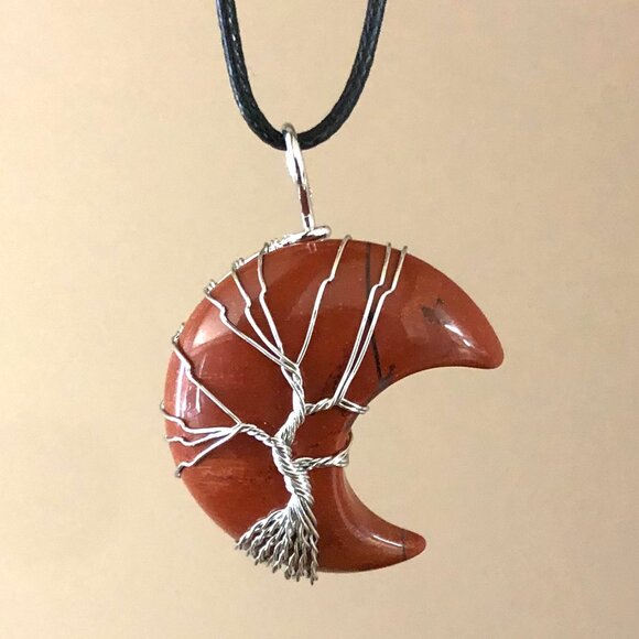 Red Jasper Crescent Moon Natural Gemstone Tree Of Life Wire Wrap Pendant - Picture 2 of 2